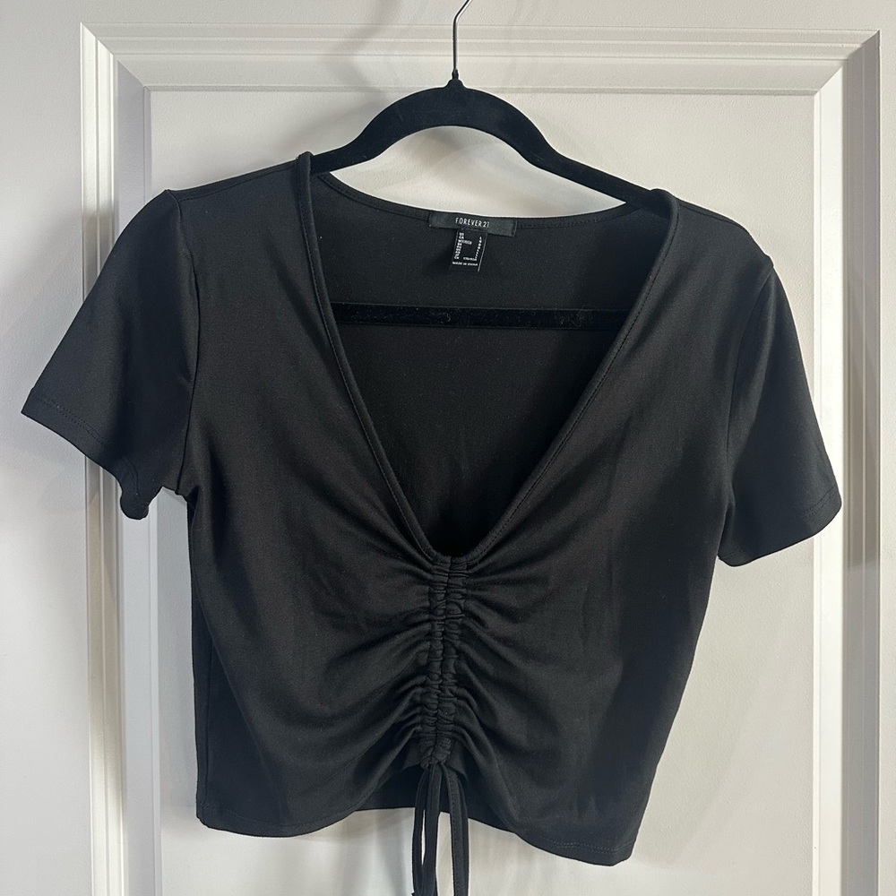 Black Ruched V-Neck Top